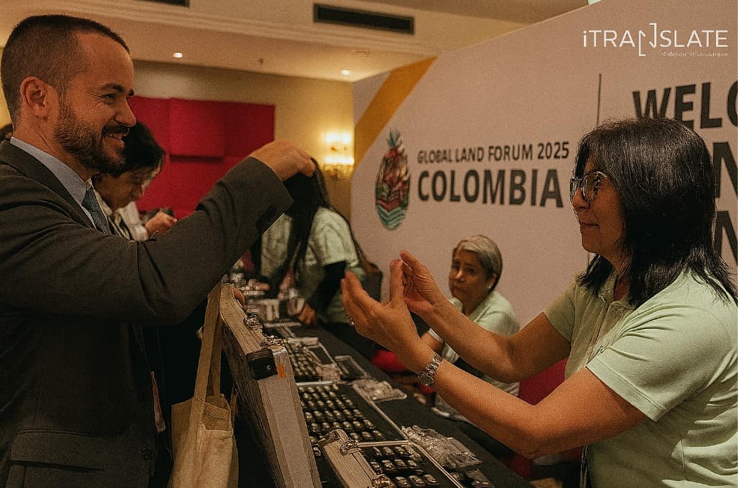 Operación de traducción simultánea de iTranslate en el Global Land Forum 2025, en Bogotá
