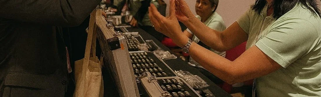 Equipo de iTranslate entregando receptores en el mesón de control de un congreso